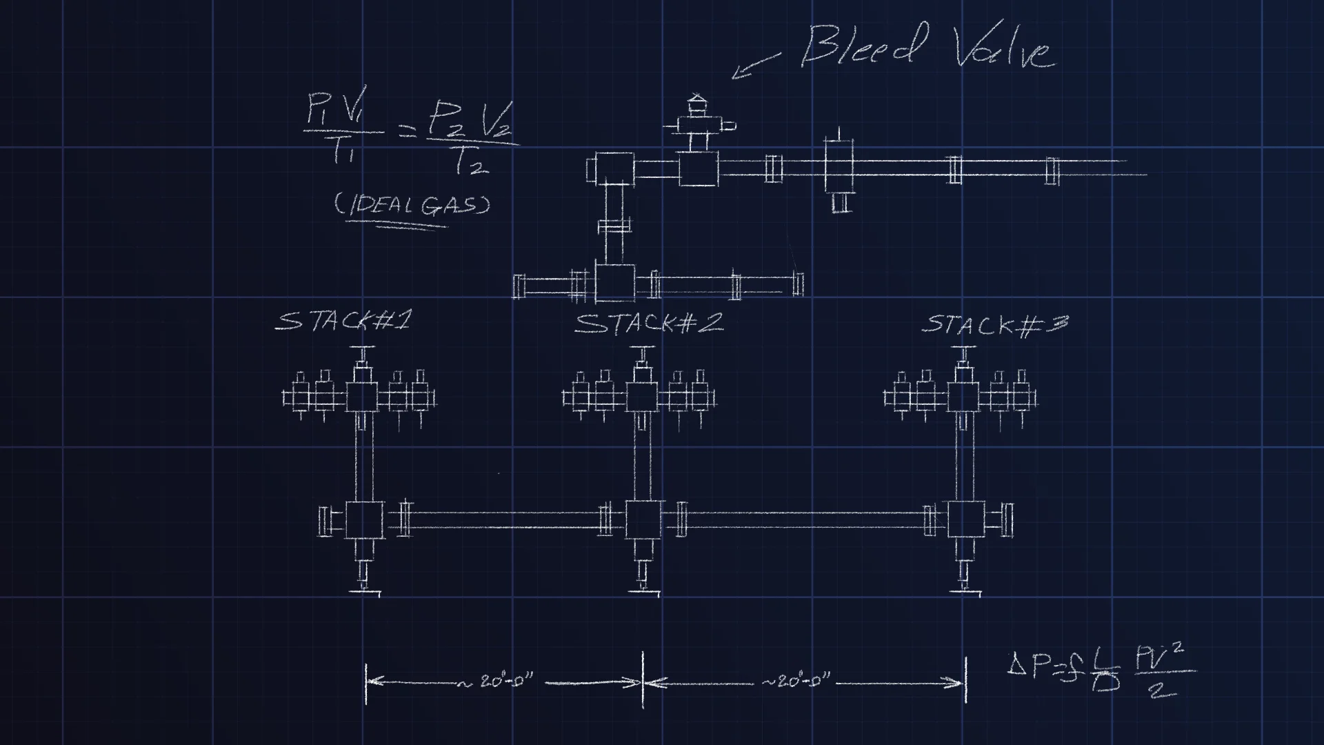 Hand-sketched frac missile and stack layout with pressure equations